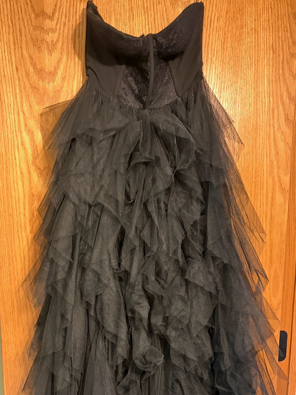 Black Strapless Ruffled Tulle Gown